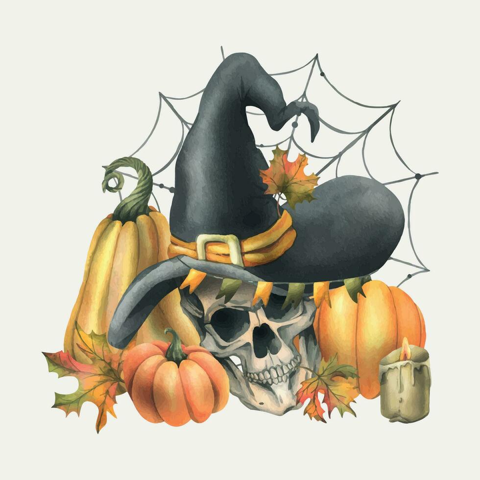 umano cranio nel un' nero strega cappello con arancia zucche, ragnatele, candele e autunno acero le foglie. mano disegnato acquerello illustrazione per Halloween. isolato composizione vettore