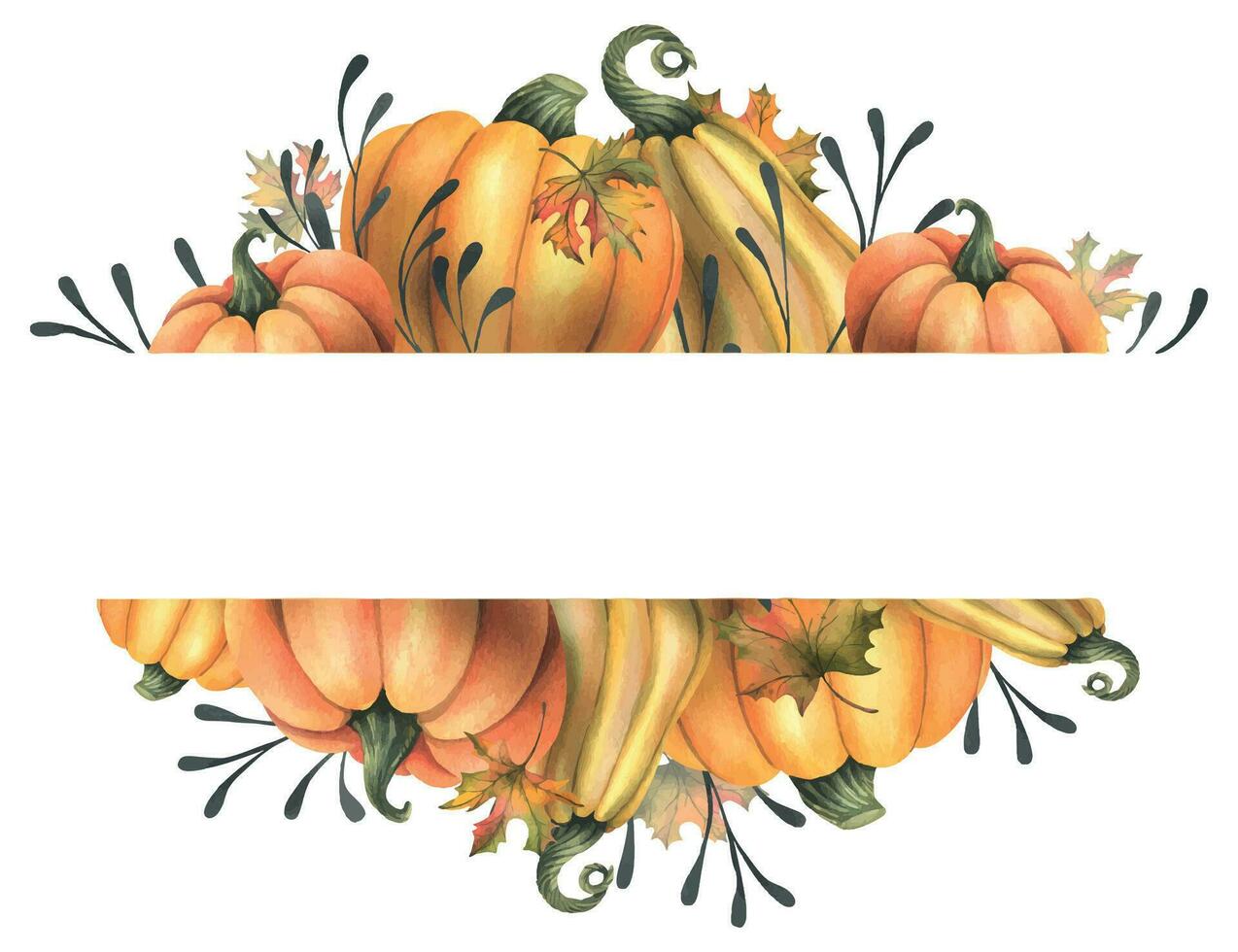arancia autunno zucche con acero le foglie e ramoscelli. acquerello illustrazione, mano disegnato. telaio, modello, tavola su un' bianca sfondo. vettore