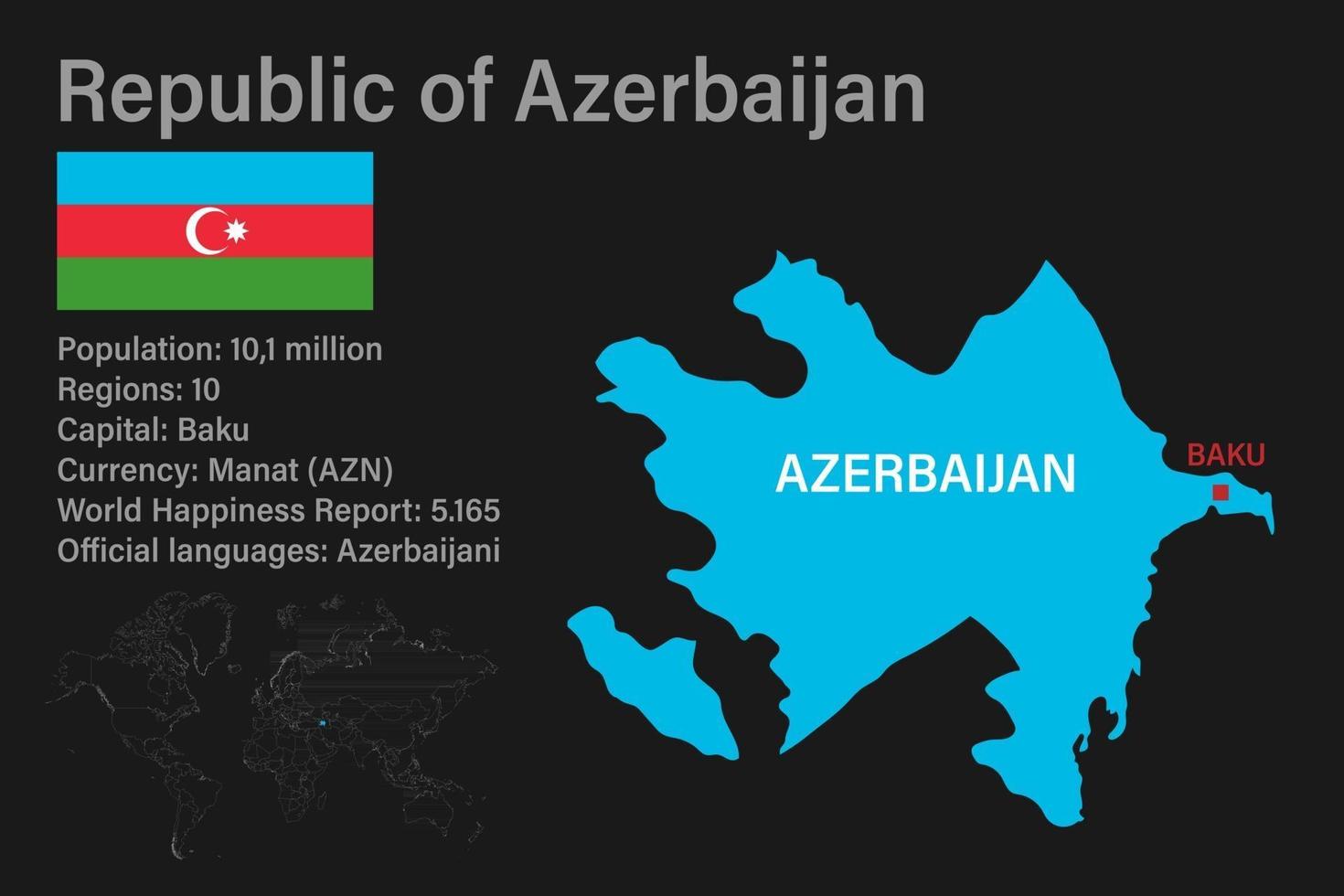 Mappa dell'Azerbaigian altamente dettagliata con bandiera, capitale e piccola mappa del mondo vettore