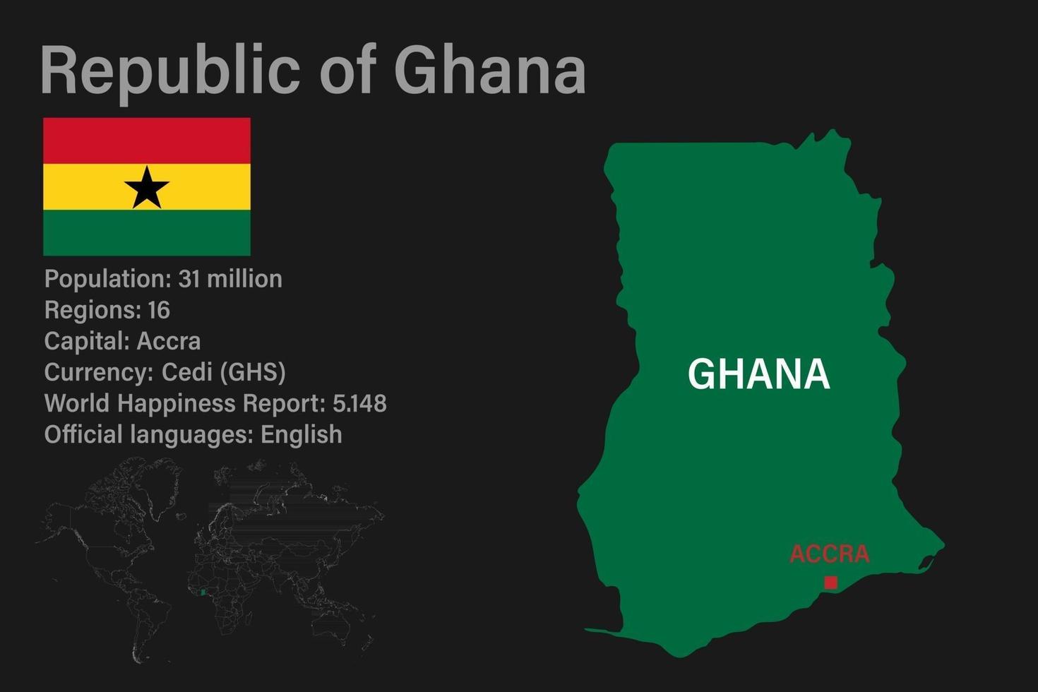 mappa del ghana altamente dettagliata con bandiera, capitale e piccola mappa del mondo vettore