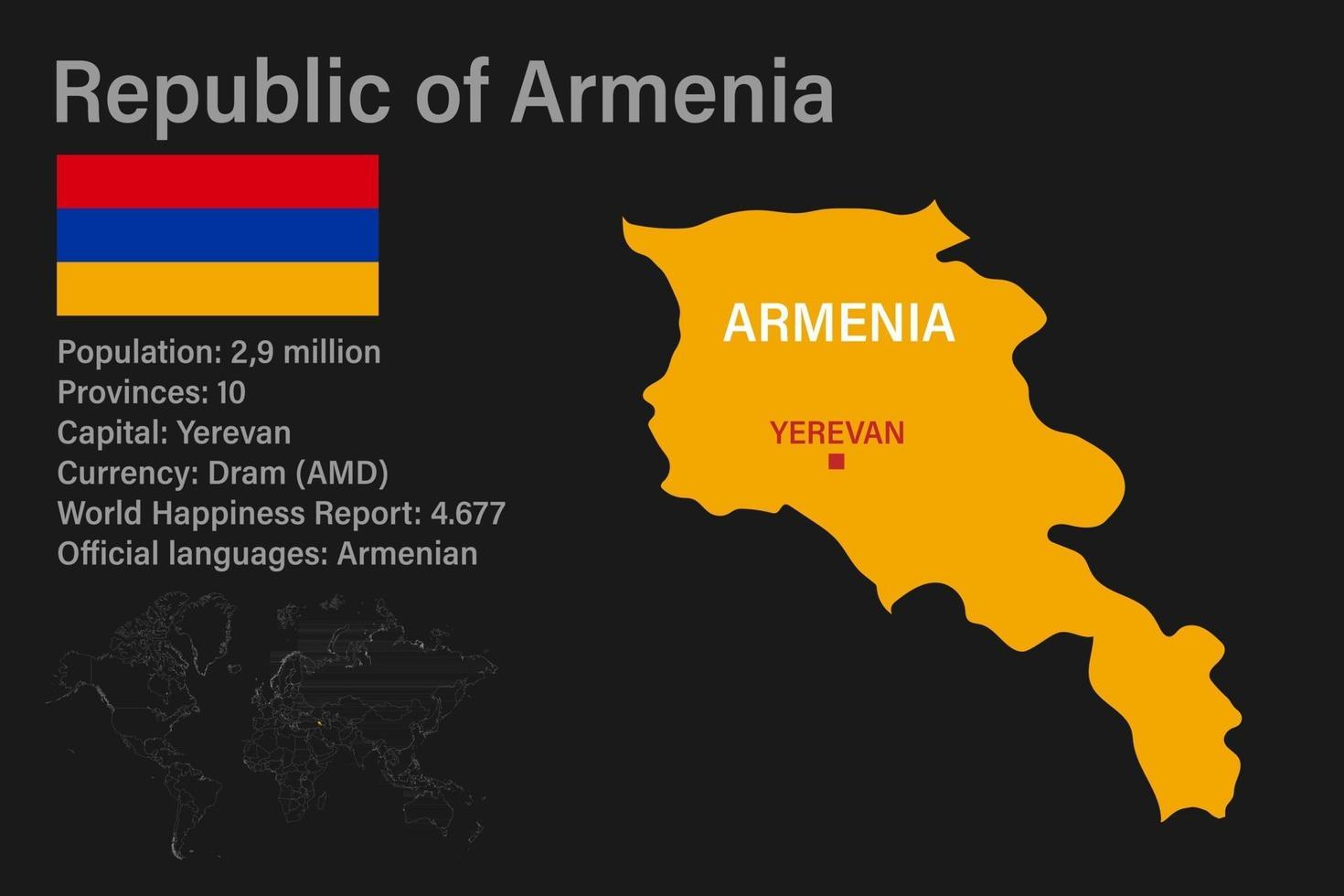 mappa dell'Armenia altamente dettagliata con bandiera, capitale e piccola mappa del mondo vettore