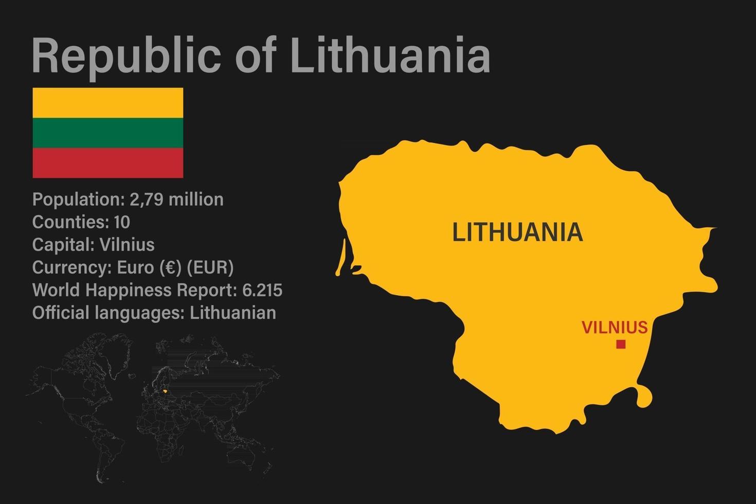 mappa della repubblica lituana altamente dettagliata con bandiera, capitale e piccola mappa del mondo vettore