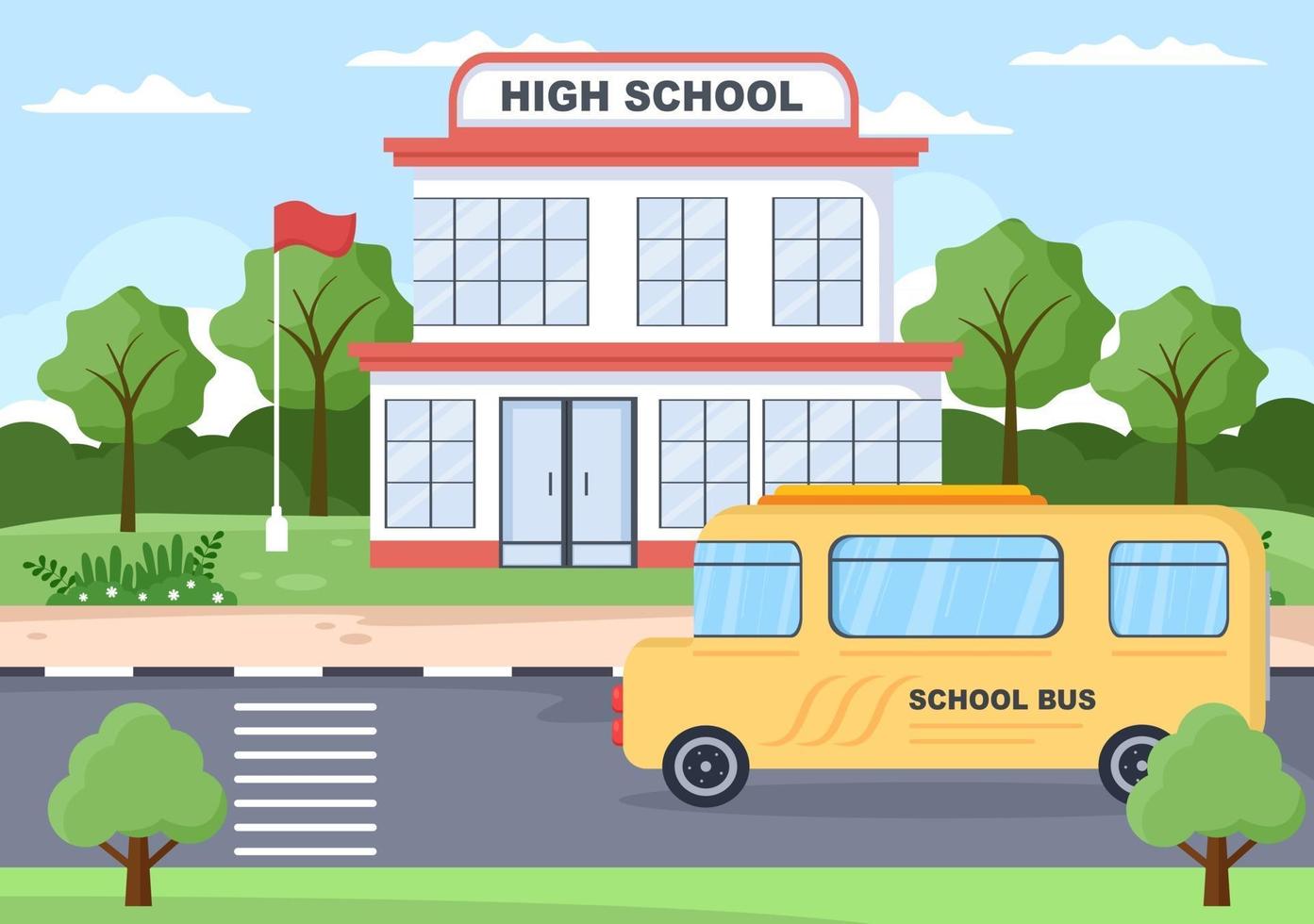 ritorno a scuola, edificio moderno e autobus nel cortile anteriore vettore