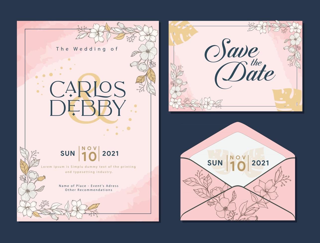 fiori di progettazione del set di carte di nozze, modello di invito di nozze vettore