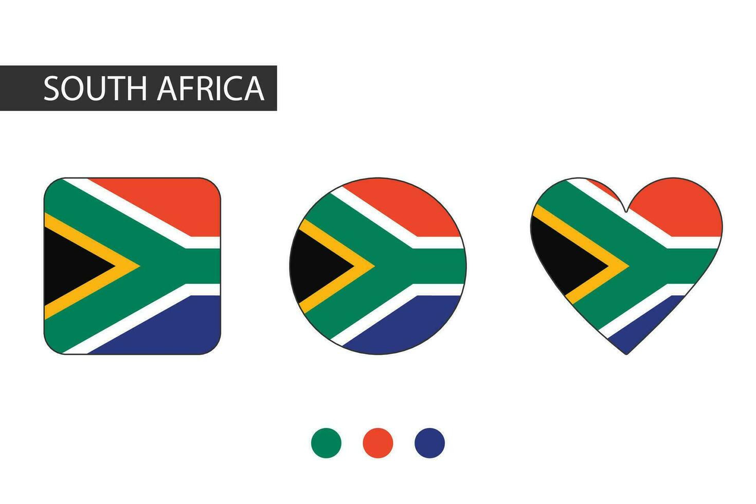 Sud Africa 3 forme quadrato, cerchio, cuore con città bandiera. isolato su bianca sfondo. vettore