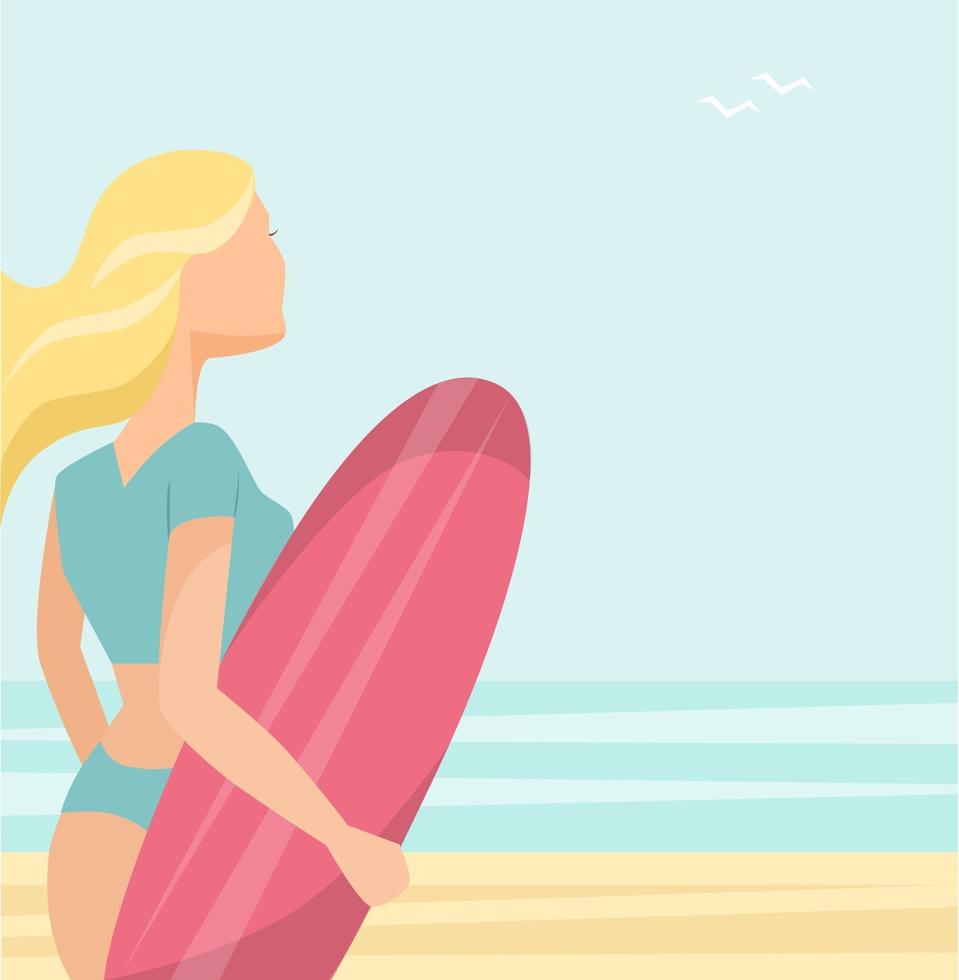 bella ragazza in costume da bagno con una tavola per fare surf sulla spiaggia vettore