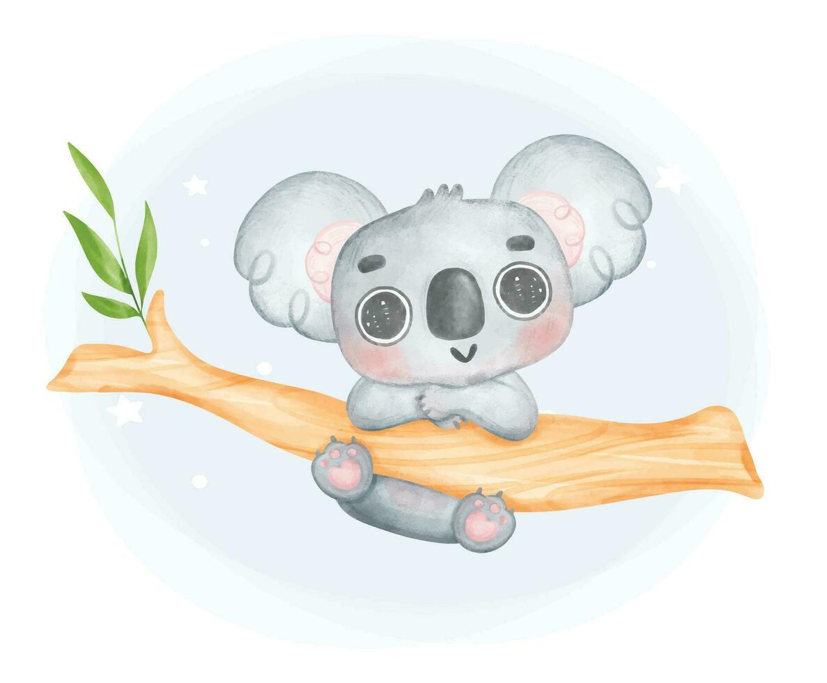 un innocenza adorabile bambino koala nel Questo affascinante acquerello illustrazione su un' eucalipto albero. Perfetto per natura Gli amanti e figli di progetti. vettore