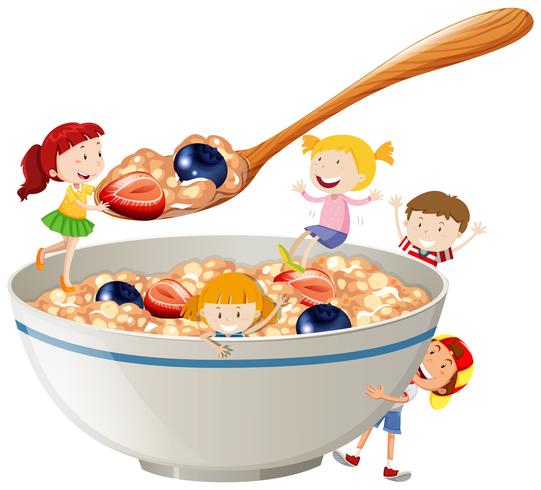 Bambini e farina d&#39;avena con frutti di bosco vettore