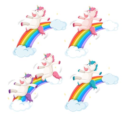 Set di diapositiva di unicorno felice sull&#39;arcobaleno vettore