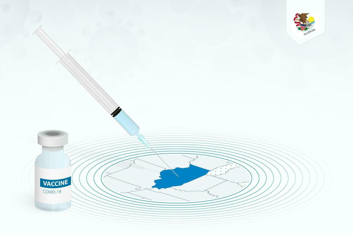 covid-19 vaccinazione nel Illinois, coronavirus vaccinazione illustrazione con vaccino bottiglia e siringa iniezione nel carta geografica di Illinois. vettore