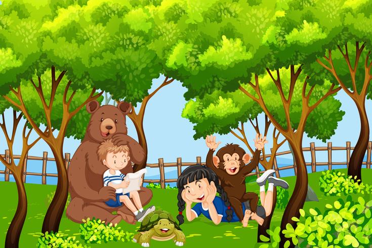 Bambini e animali in natura vettore