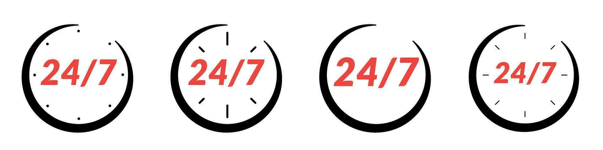 24 7 cliente supporto icona con orologio. in giro il orologio servizio, Aperto ore, e emergenza linea diretta. per chiamata centro, opera. Aperto giorno e notte. piatto vettore illustrazioni isolato nel sfondo.