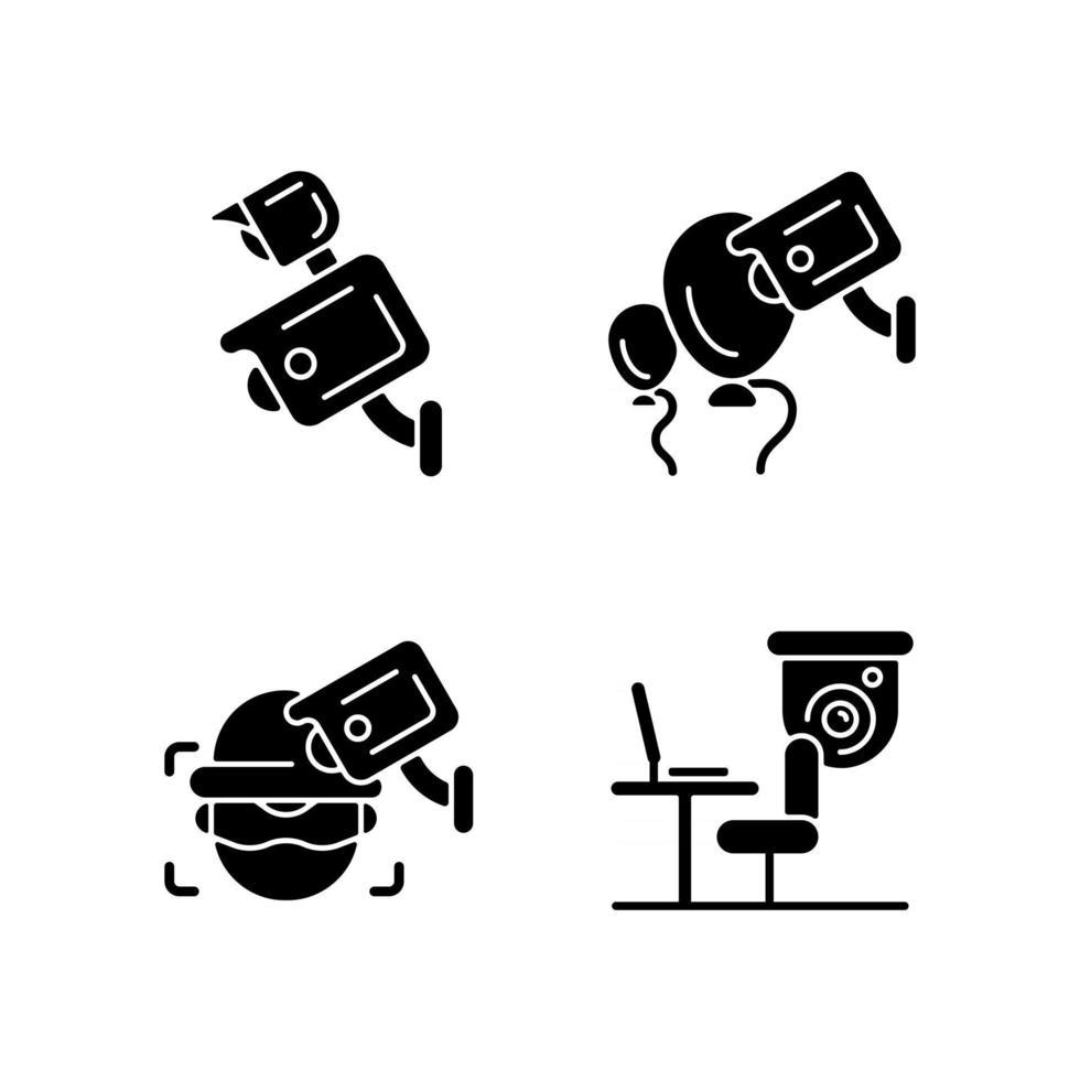 le icone del glifo nero di gestione della sorveglianza sono impostate su uno spazio bianco vettore