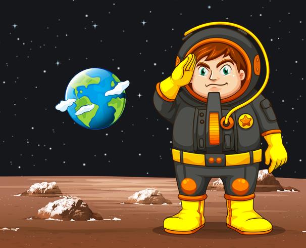 Astronauta in tuta spaziale nera in piedi sul pianeta vettore