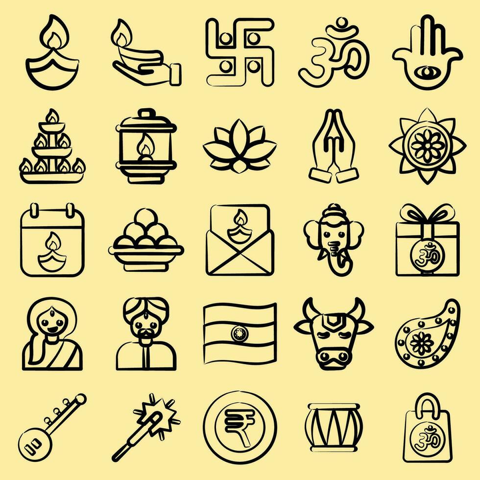 icona impostato di diwali. Diwali celebrazione elementi. icone nel mano disegnato stile. bene per stampe, manifesti, logo, decorazione, infografica, eccetera. vettore