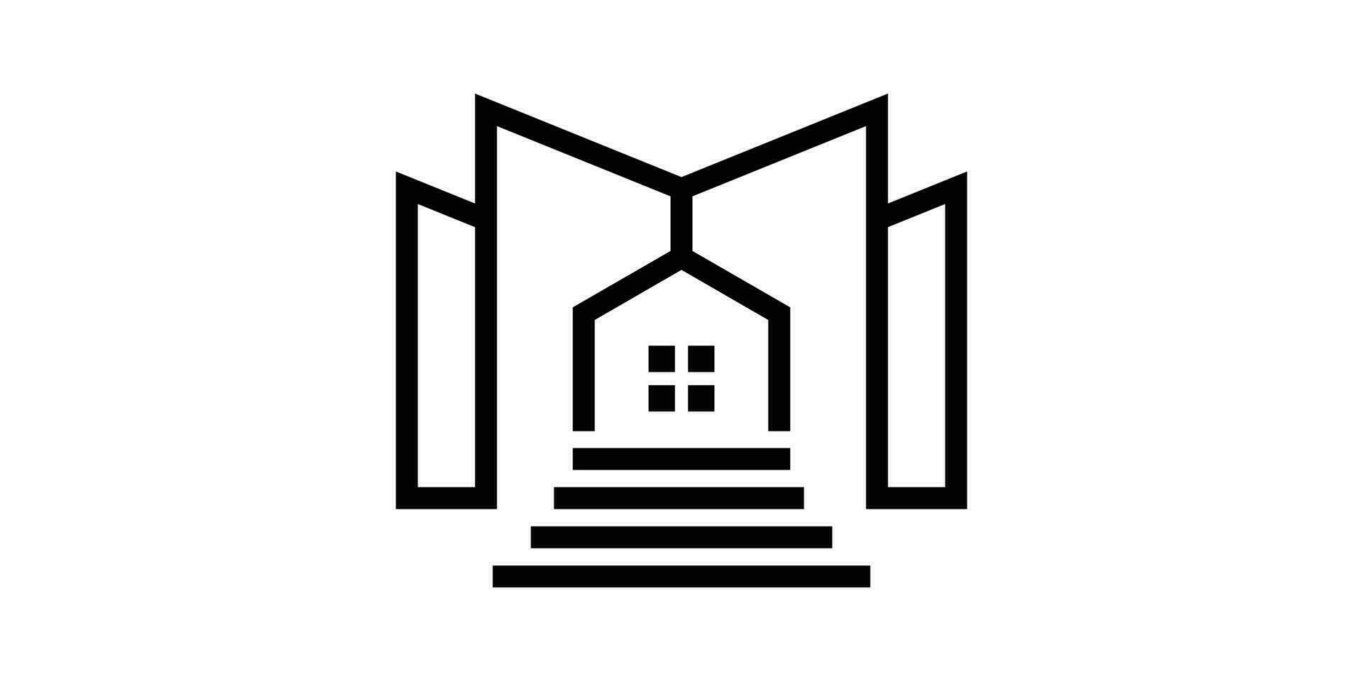 libro e edificio Casa design logo linea icona vettore illustrazione