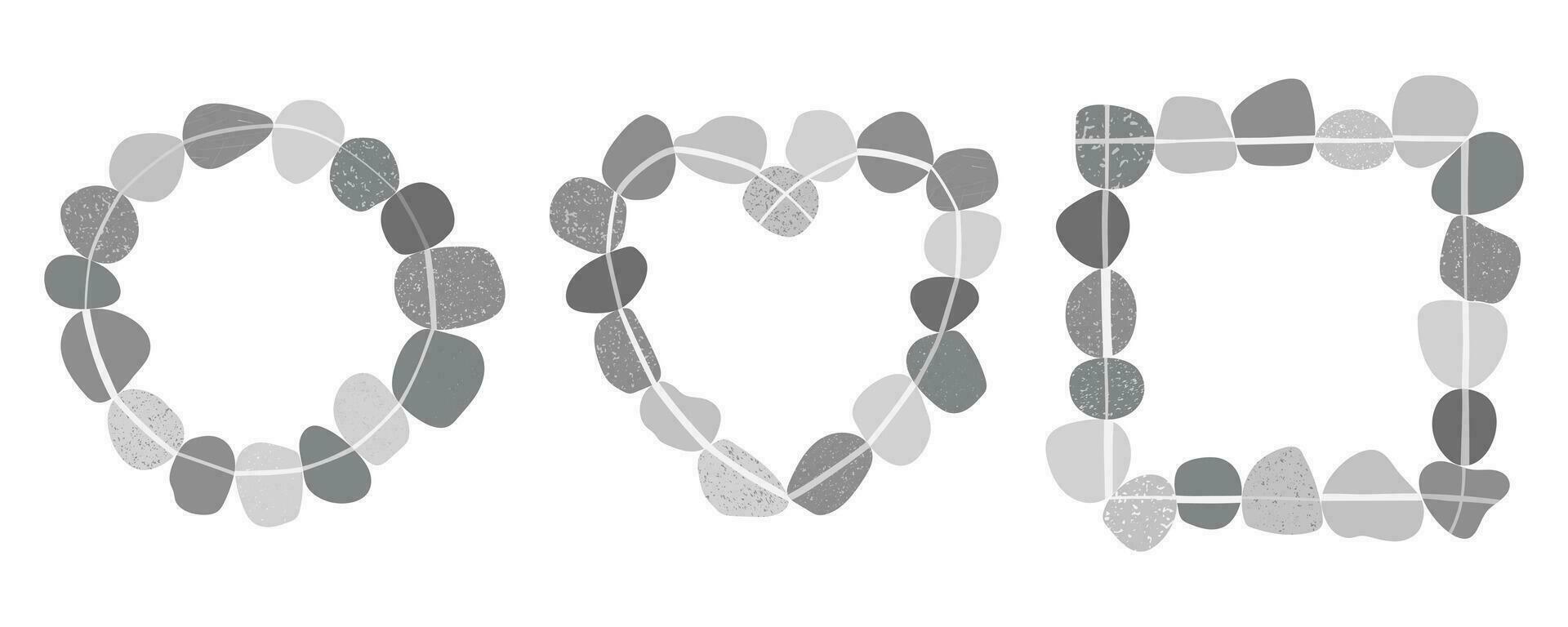 carino piatto grigio montatura fatto di mare pietre ciottoli disposte nel il modulo di geometrico forme isolato su bianca sfondo. cerchio, cuore, quadrato. vettore illustrazione
