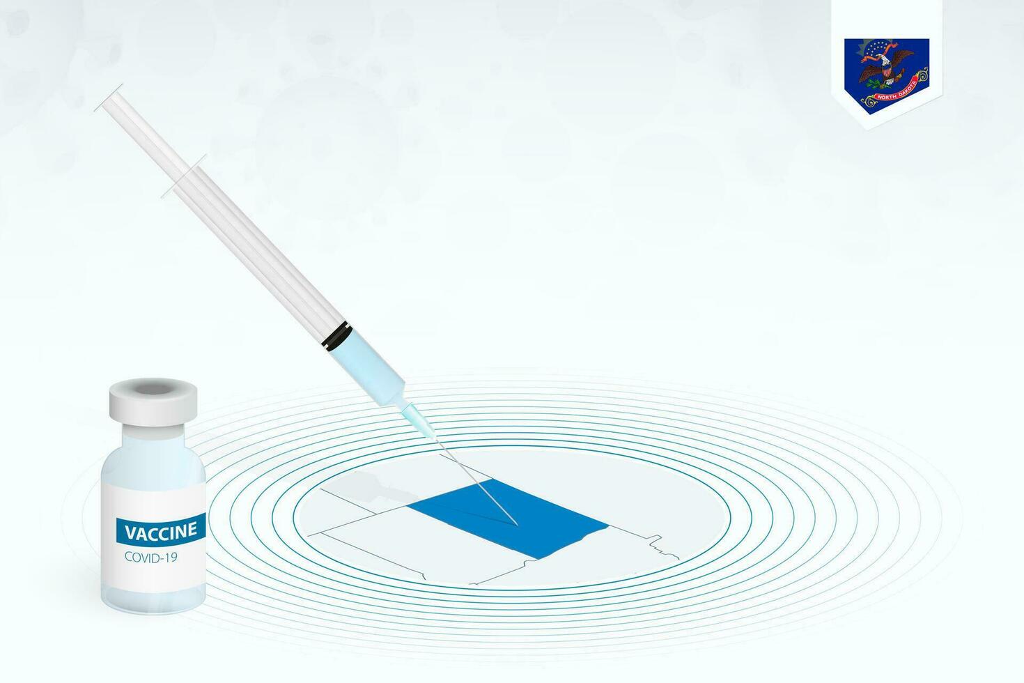 covid-19 vaccinazione nel nord dakota, coronavirus vaccinazione illustrazione con vaccino bottiglia e siringa iniezione nel carta geografica di nord dakota. vettore