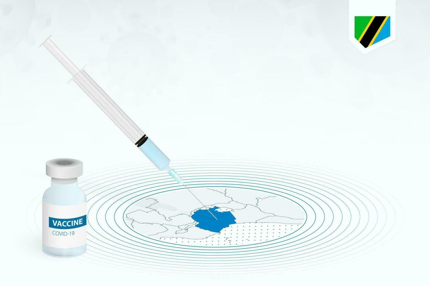 covid-19 vaccinazione nel Tanzania, coronavirus vaccinazione illustrazione con vaccino bottiglia e siringa iniezione nel carta geografica di Tanzania. vettore