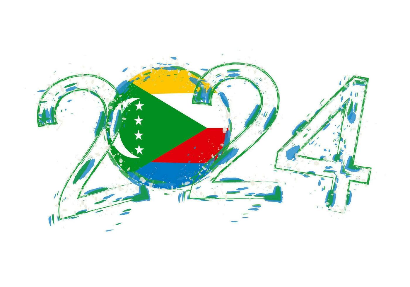 2024 anno nel grunge stile con bandiera di Comore. vettore