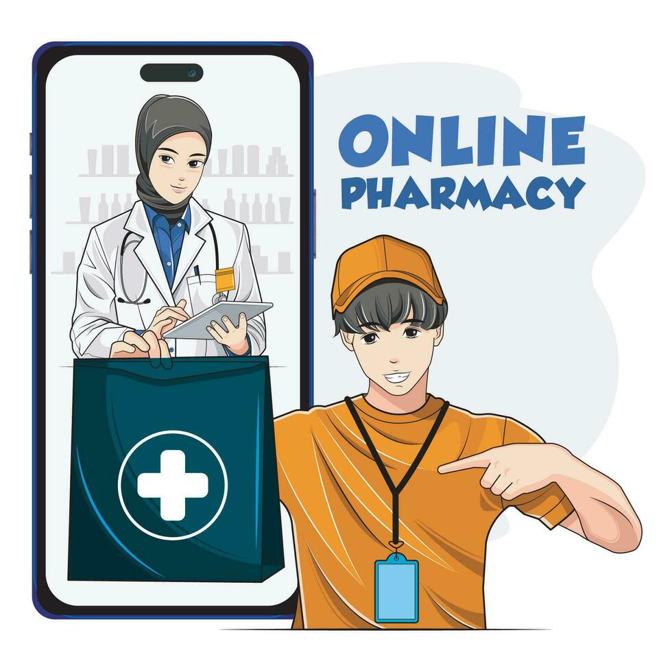 in linea farmacia Servizi. maschio Corriere consegna farmaci con femmina medico nel foulard. medico shopping concetto, veloce consegna. vettore illustrazione professionista Scarica