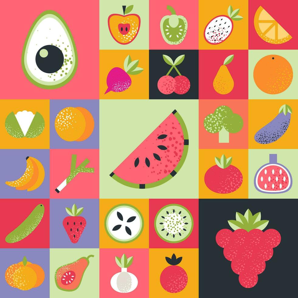 astratto geometrico modello con vario frutta e verdure nel bauhaus stile. retrò griglia sfondo. Vintage ▾ multicolore mosaico piastrella con geometrico forme. struttura per tessile, ragnatela, menù, ristorante vettore