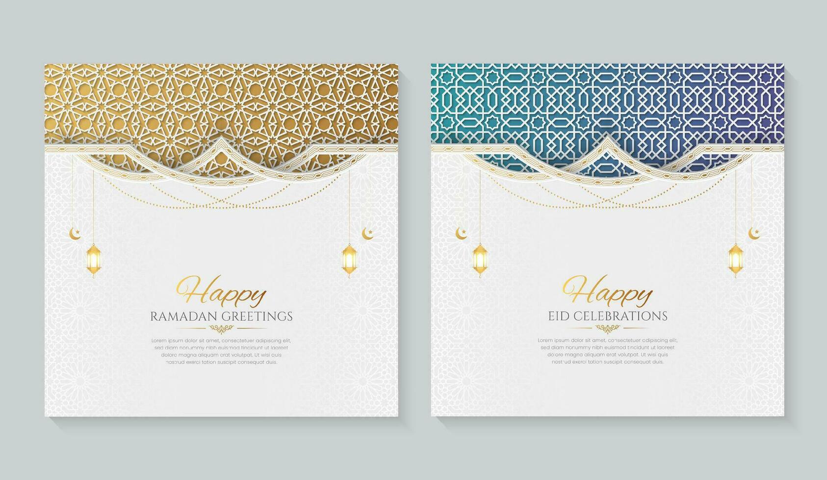 Ramadan e eid bianca lusso ornamentale saluto carte con islamico modello e decorativo ornamento telaio vettore