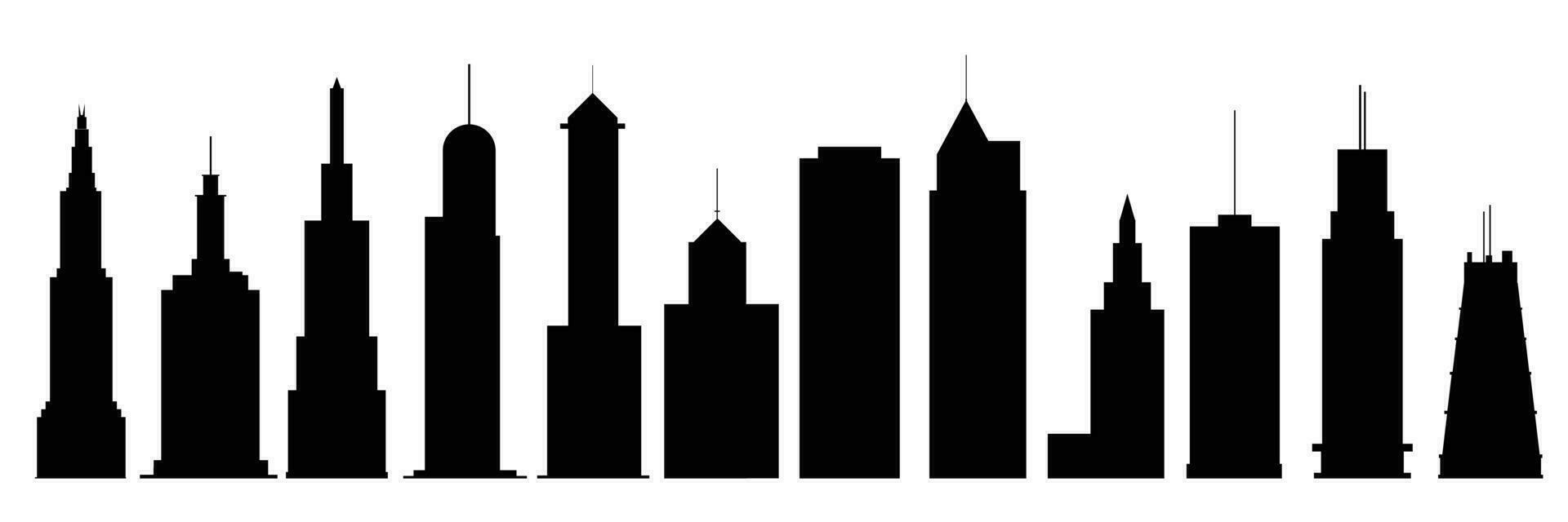 collezione di grattacieli silhouette. impostato sagome di grattacielo isolato su bianca sfondo. vettore illustrazione.