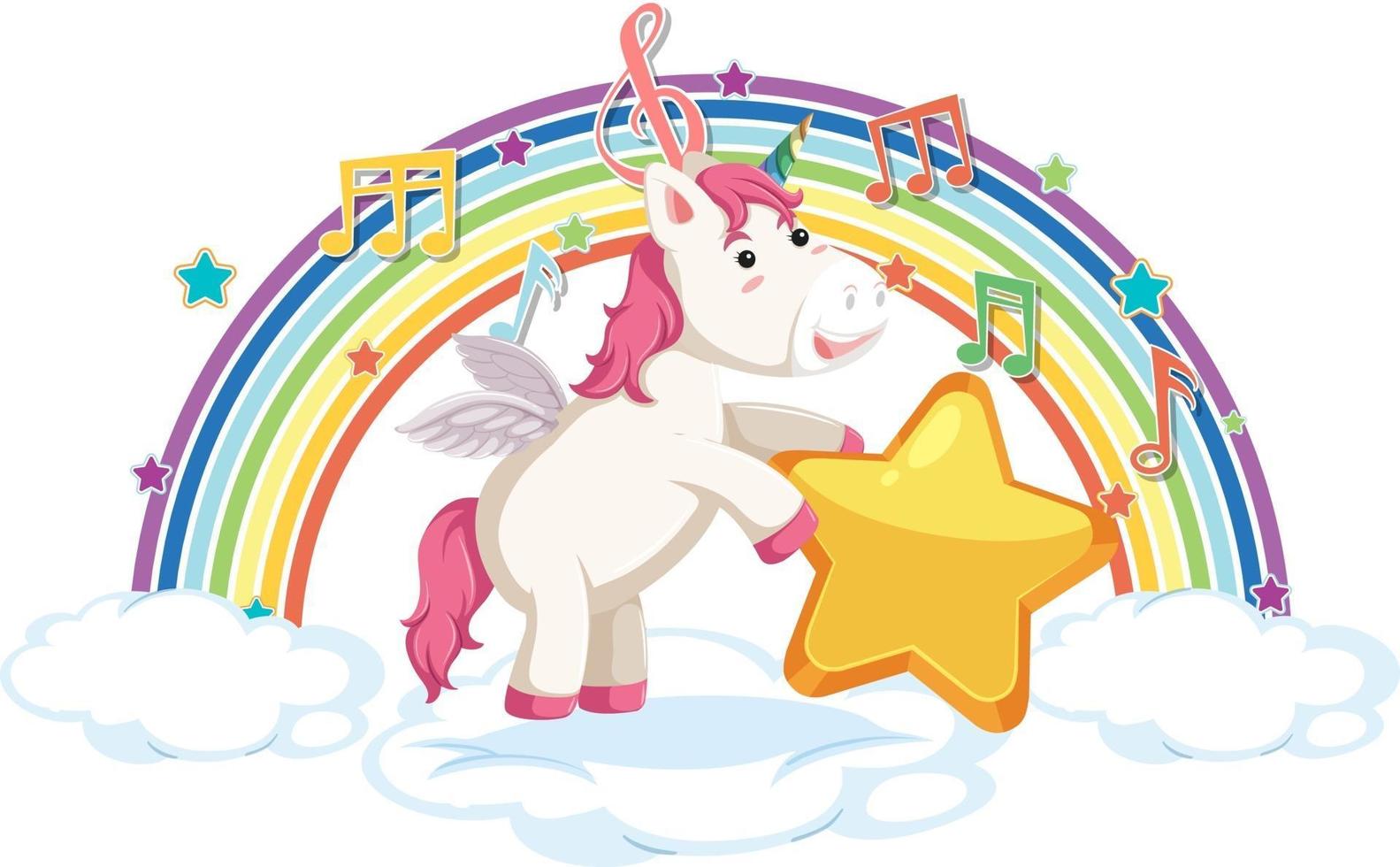 unicorno in piedi su nuvola con simbolo arcobaleno e melodia vettore