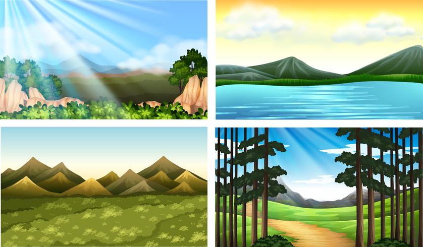 Quattro scene della natura con foresta e lago vettore