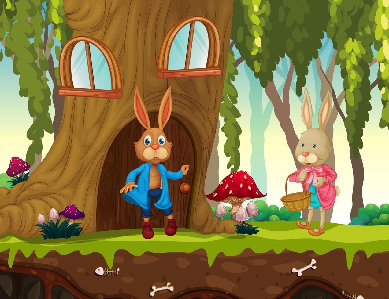 scena del giardino con molti personaggi dei cartoni animati di conigli vettore