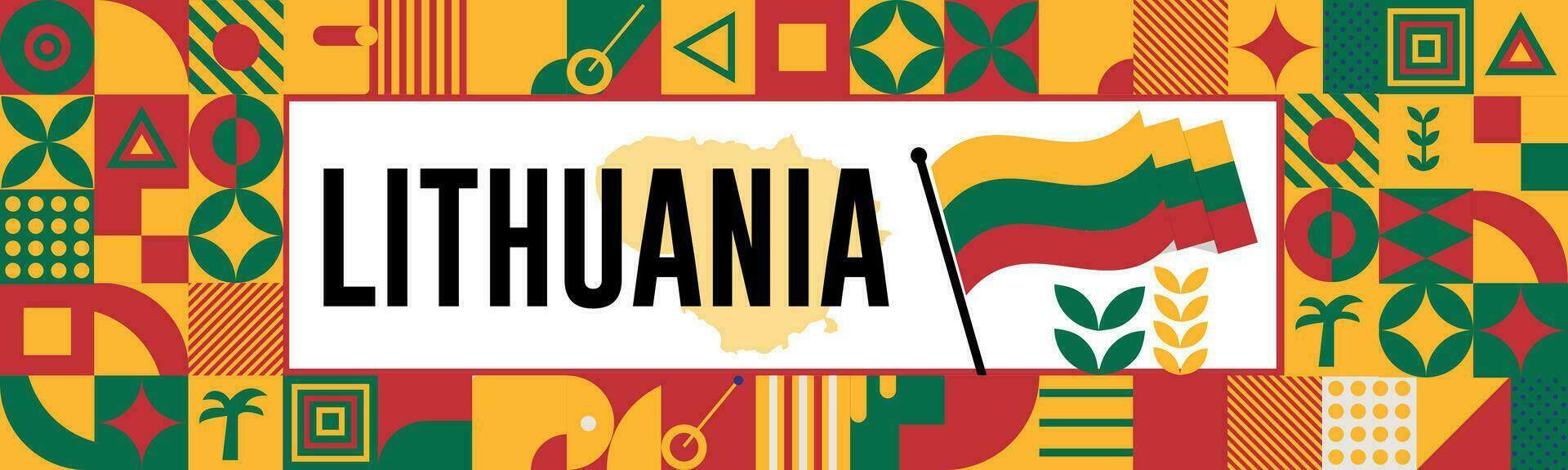 Lituania nazionale giorno bandiera con carta geografica, bandiera colori tema sfondo e geometrico astratto retrò moderno colorfull design con sollevato mani o pugni. vettore