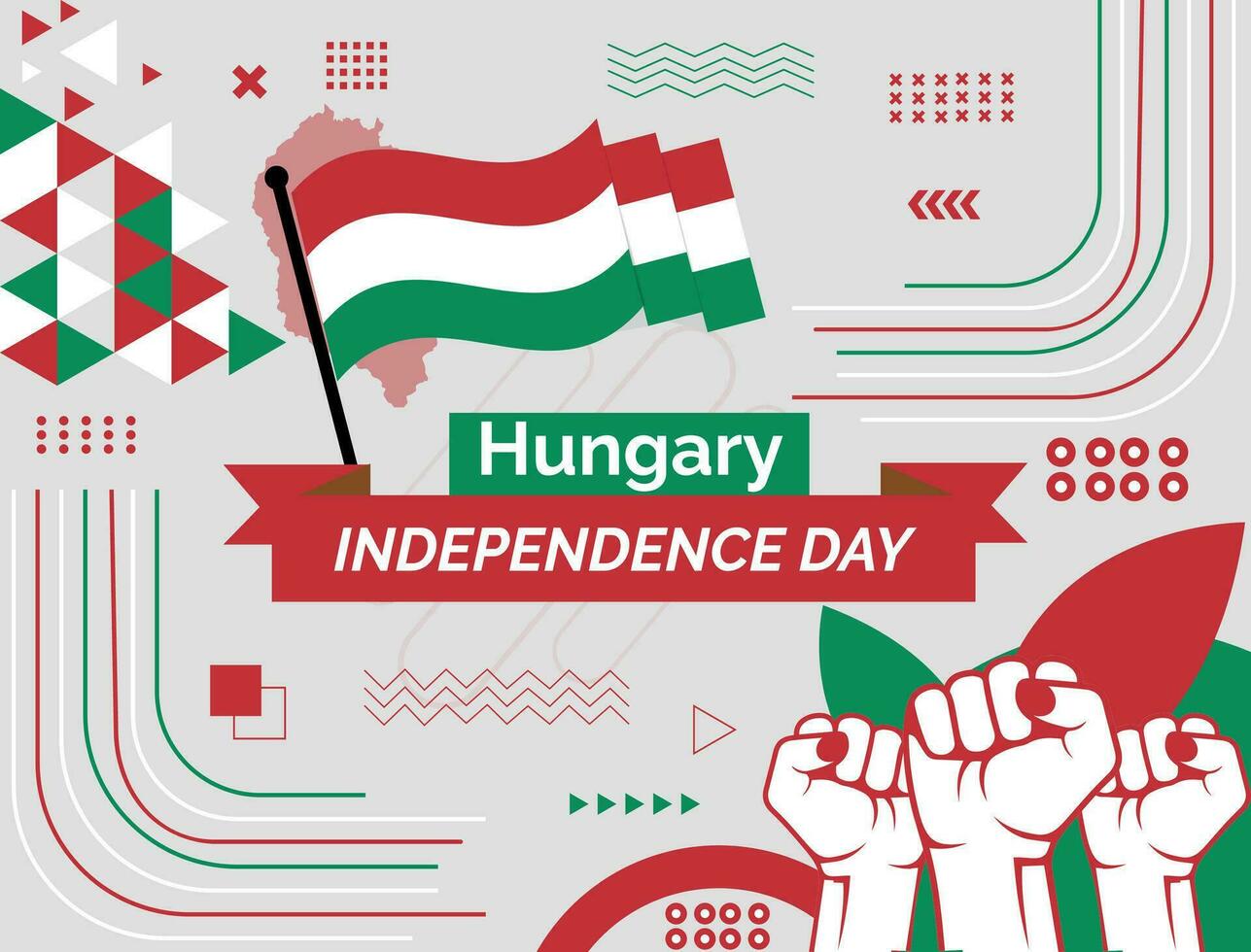 Ungheria nazionale giorno bandiera con carta geografica, bandiera colori tema sfondo e geometrico astratto retrò moderno colorfull design con sollevato mani o pugni. vettore