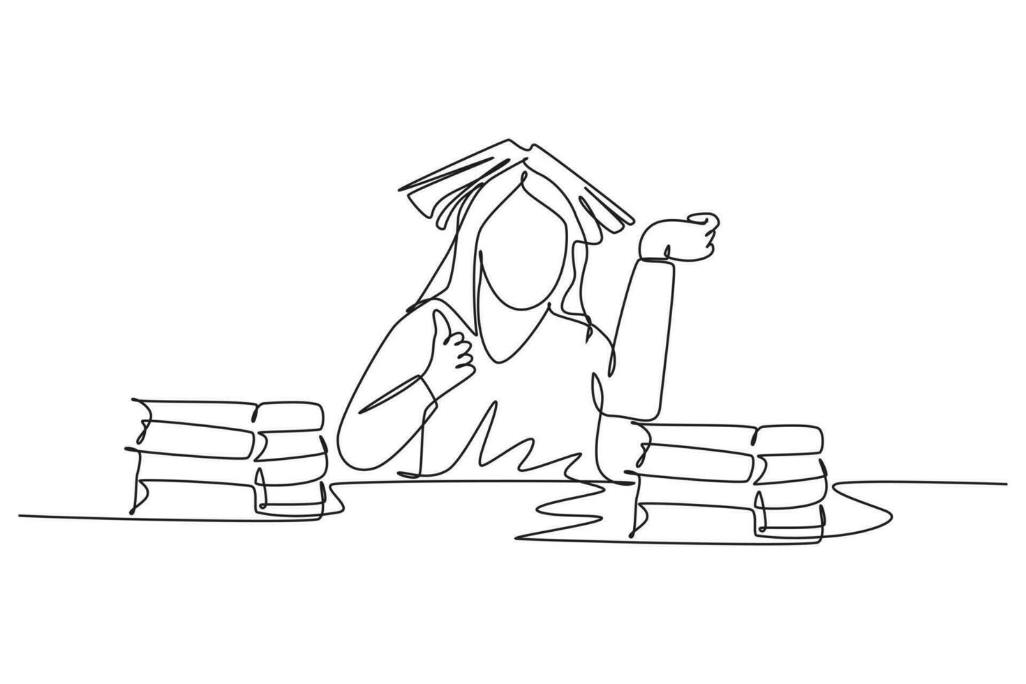 singolo uno linea disegno giovane annoiato femmina alunno leggere pila di libri nel biblioteca e mettere il libro su sua testa e dare pollice su gesto. moderno continuo linea disegnare design grafico vettore illustrazione