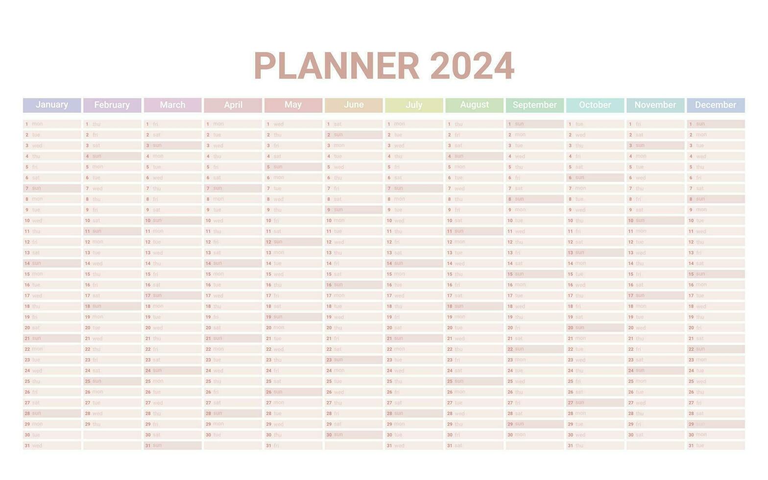 progettista inglese calendario di 2024 anno, modello programma calandra con 12 verticale mesi su uno pagina. parete organizzatore, annuale progettista modello. vettore