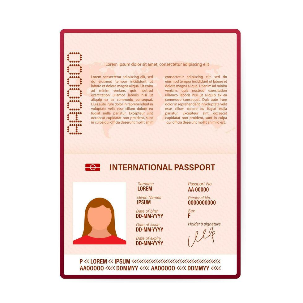 vuoto Aperto passaporto modello. internazionale passaporto con campione personale dati pagina. vettore azione illustrazione