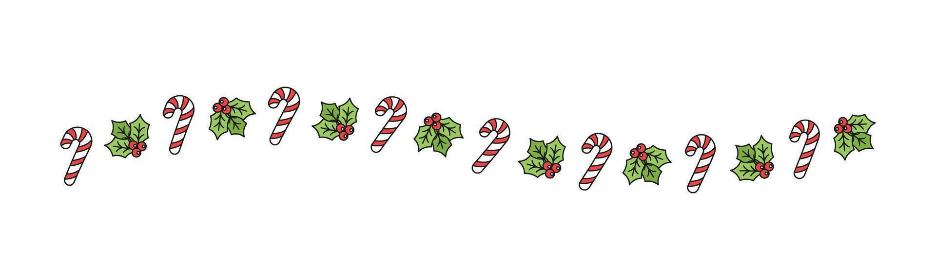Natale a tema decorativo ondulato confine e testo divisore, vischio e caramella canna modello. vettore illustrazione.