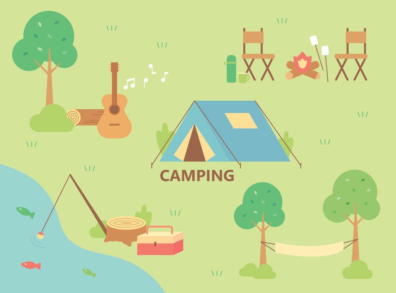 campeggio fluviale. le vite del campeggio sono disposte intorno alla tenda. vettore