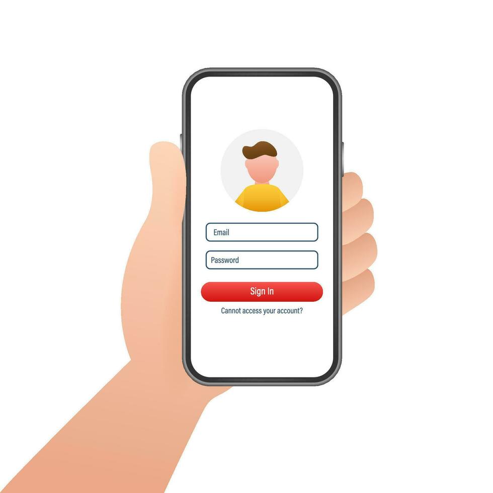 cartello nel per account, utente autorizzazione, accesso autenticazione pagina concetto. smartphone con accesso e parola d'ordine modulo pagina su schermo. vettore azione illustrazione.