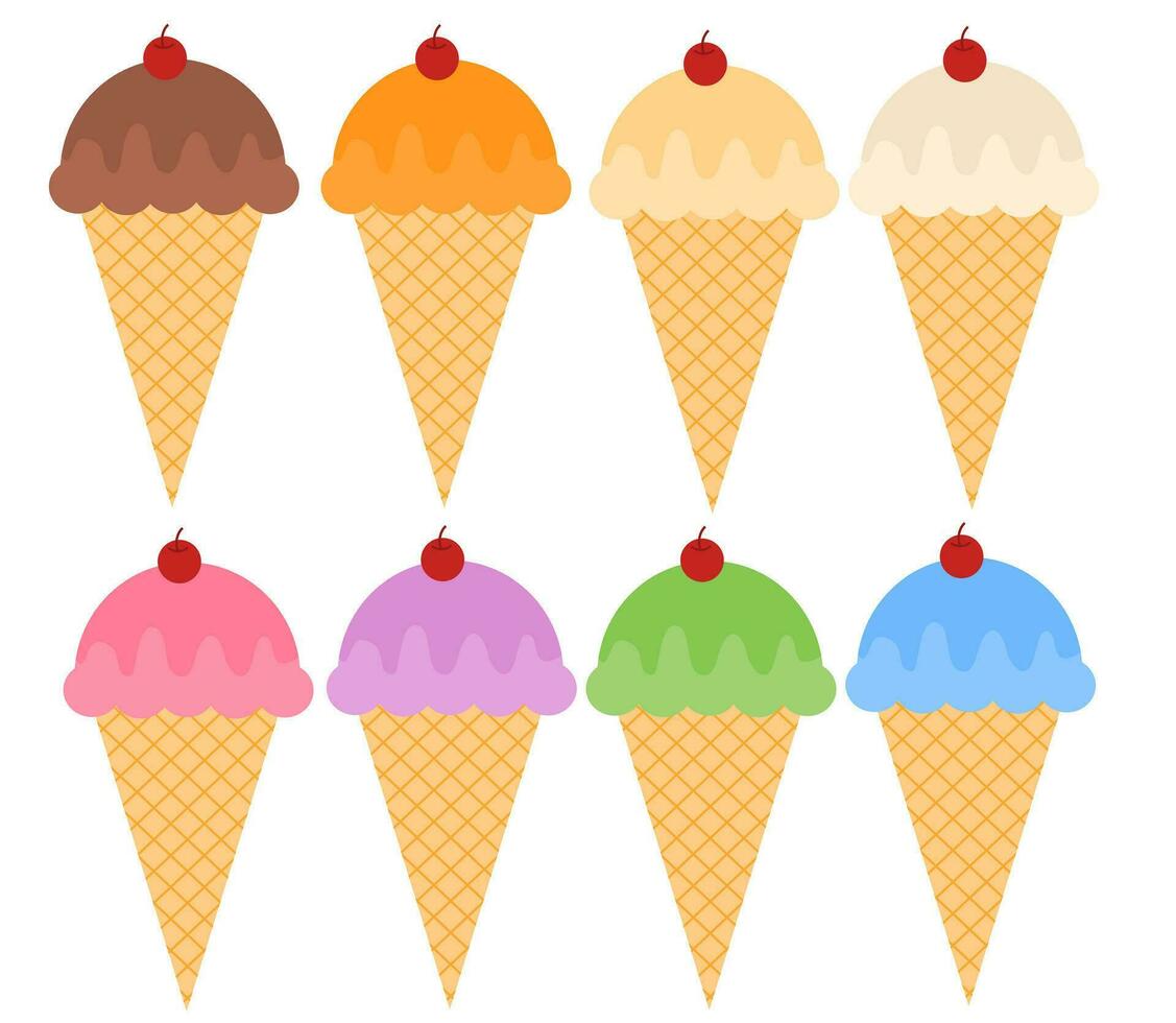 ghiaccio crema scoop nel cialda coni e ciliegia.cioccolato, vaniglia, noce di cocco, taro, mirtillo, matcha verde tè e segno.fragola, simbolo, icona o logo isolato.piatto design.cartone animato vettore illustrazione.