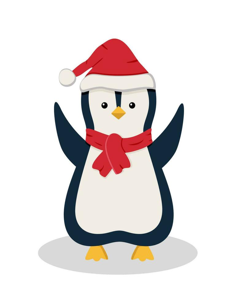 carino cartone animato pinguino nel Santa cappello e caldo rosso sciarpa. vettore illustrazione di il concetto di inverno vacanze, nuovo anno e Natale.