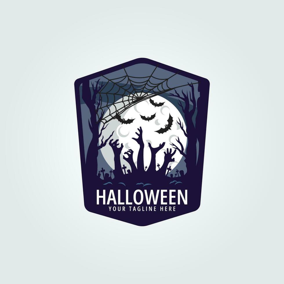 Halloween logo icona design ispirazione con pipistrello, albero, grave, mano, Luna e ragno ragnatela castello vettore illustrazione