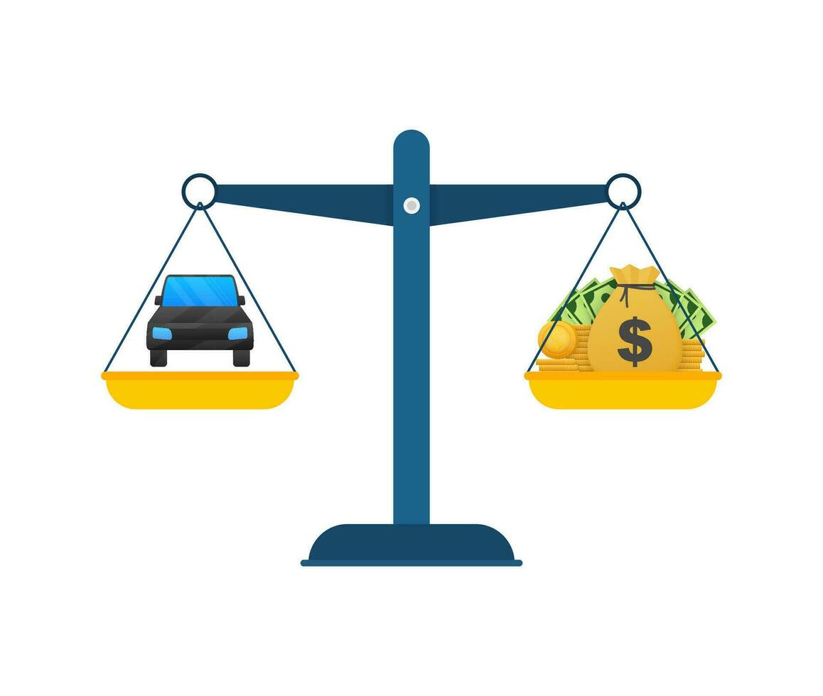 i soldi vs auto vettore illustrazione. piatto icona su bianca sfondo. piatto vettore cartone animato i soldi illustrazione