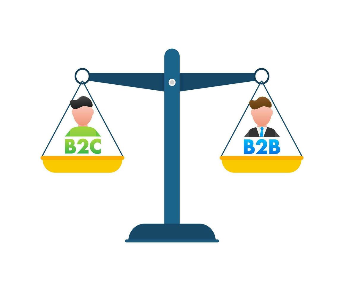 b2c vs b2b equilibrio su il scala. equilibrio su scala. attività commerciale concetto. vettore azione illustrazione