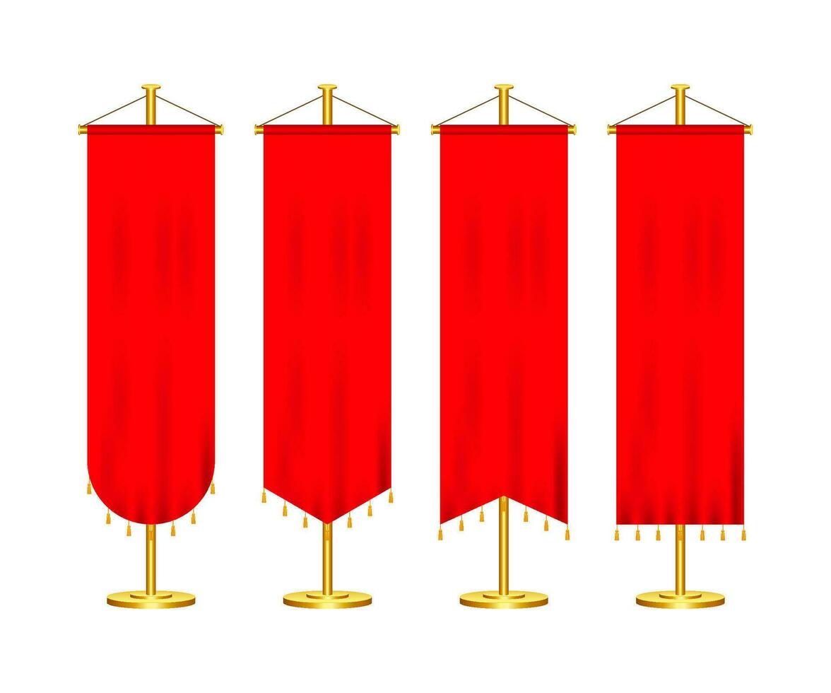segnale rosso lungo sport pubblicità gagliardetti banner campioni su polo In piedi supporto piedistallo realistico impostare. vettore azione illustrazione.