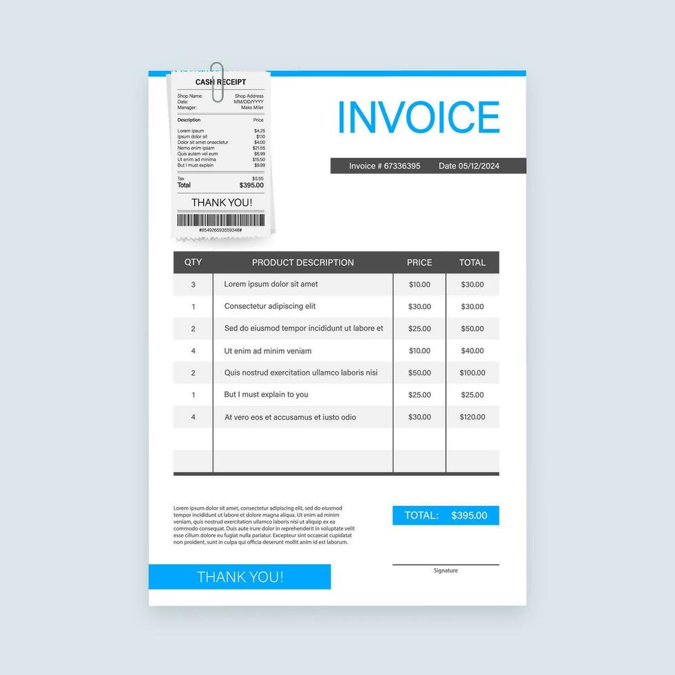 attività commerciale carta con fattura. cliente servizio concetto. in linea pagamento. imposta pagamento. fattura modello. vettore azione illustrazione