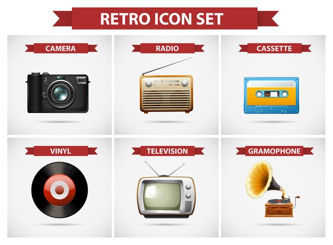 Retro icona set con diversi oggetti vettore
