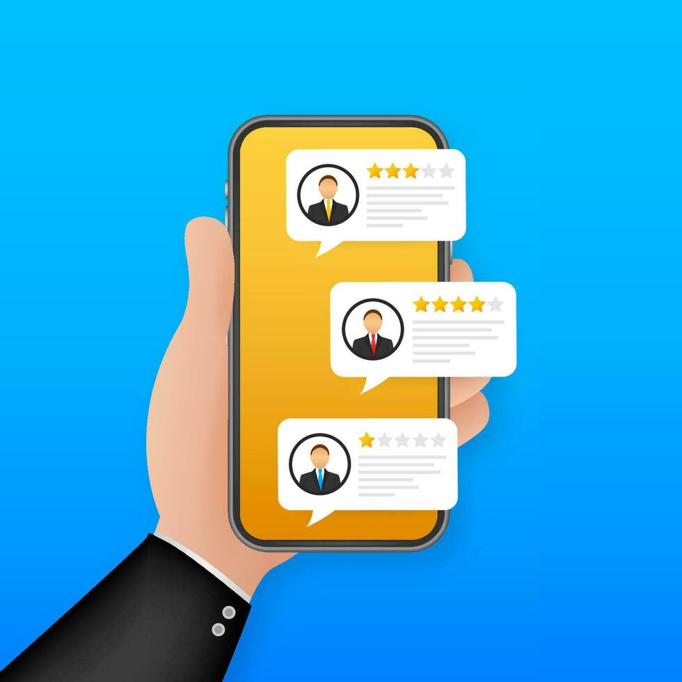 revisione valutazione bolla discorsi su mobile Telefono illustrazione, piatto stile smartphone recensioni stelle con bene e cattivo Vota e testo. vettore vettore azione illustrazione