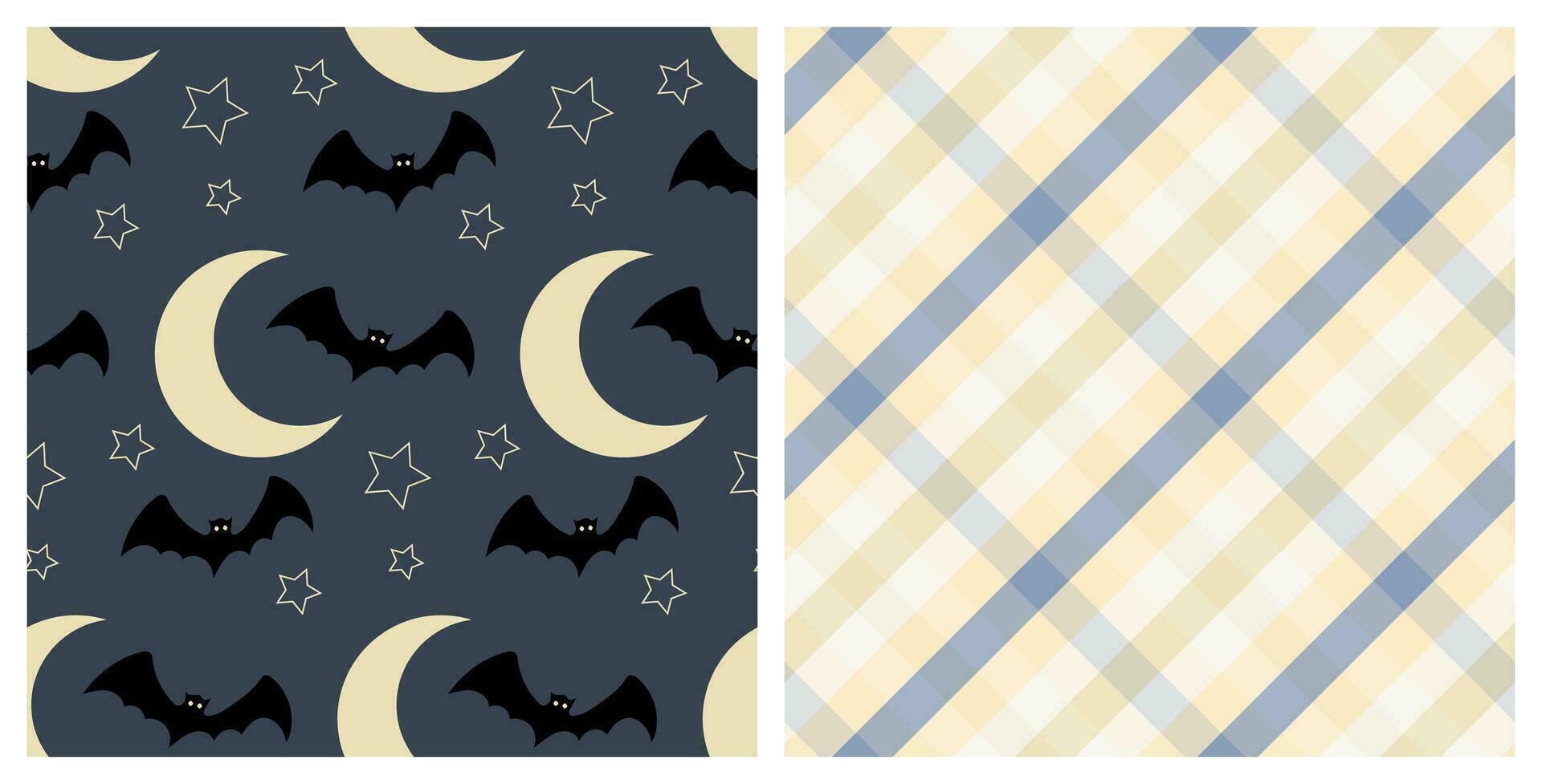 senza soluzione di continuità modelli impostato di Halloween pipistrelli volante in giro il Luna e stelle, e tartan sfondo. mano disegnato sfondo per Halloween festa decorazione, scrapbooking, saluto carte disegno, parete carta. vettore