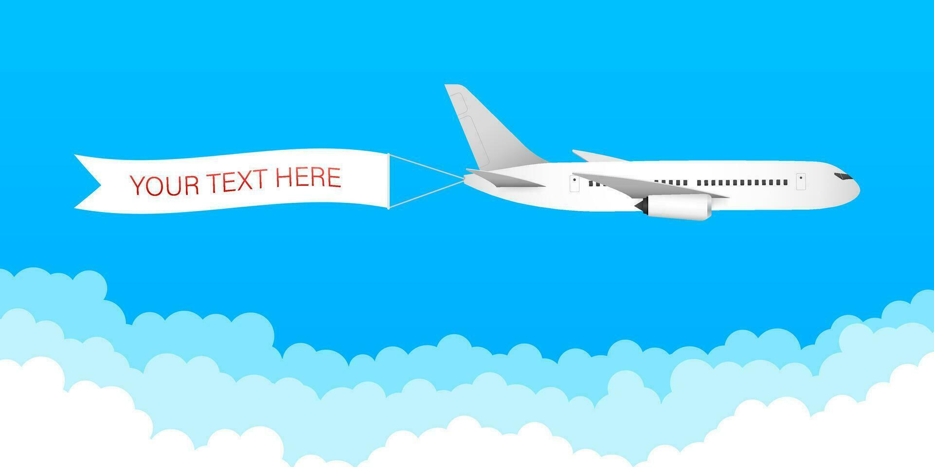 aereo bandiera nel piatto stile. velocità aereo aereo Jet con pubblicità bandiera nastro nel il nuvoloso cielo. vettore azione illustrazione